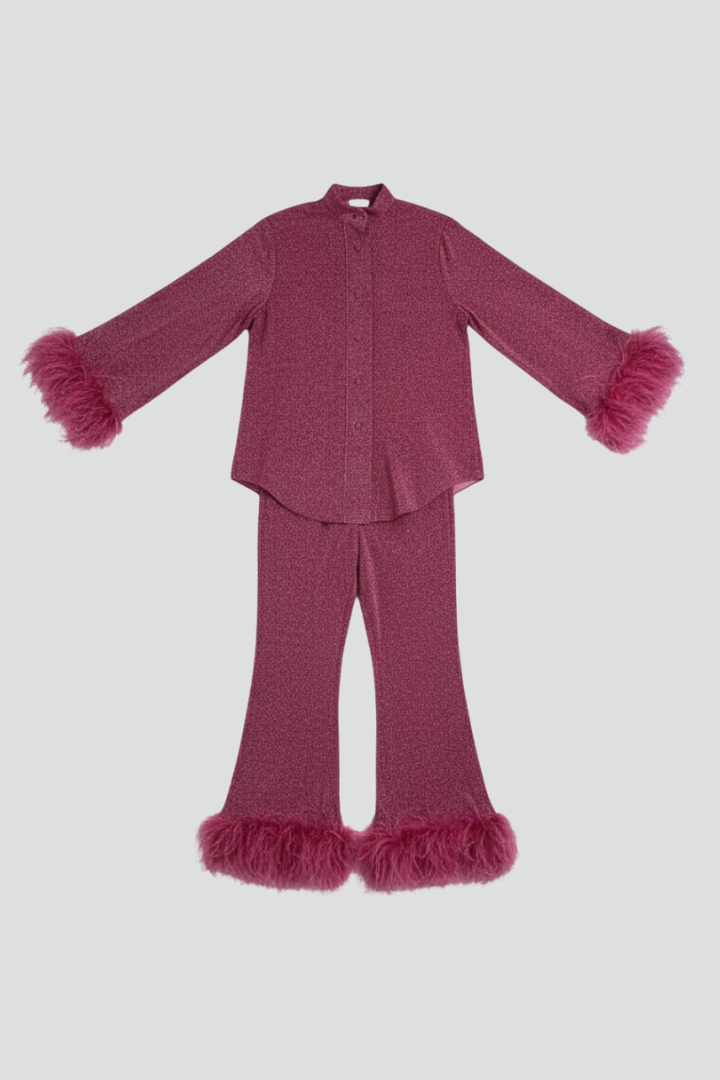 Ensemble Deux Pièces Femme Chemise Boutonnée et Pantalon à Bordure Plume