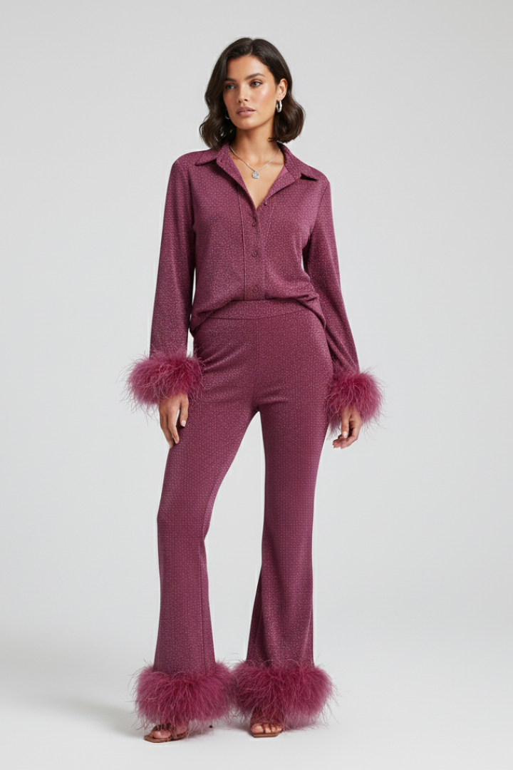 Ensemble Deux Pièces Femme Chemise Boutonnée et Pantalon à Bordure Plume