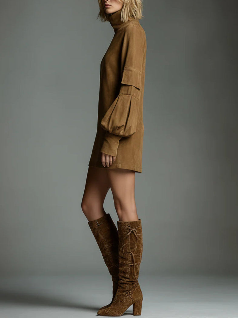 Women's Suede Mini Dress with Turtleneck