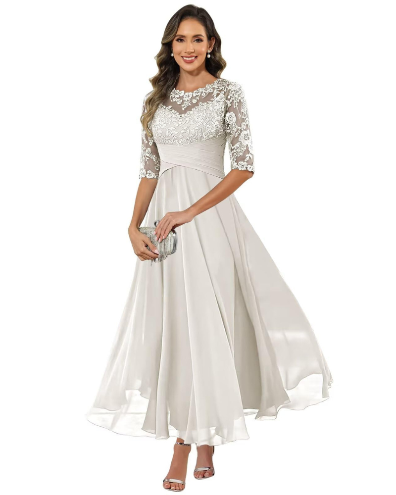 Robe longue trapèze en dentelle pour femme avec manches 3/4