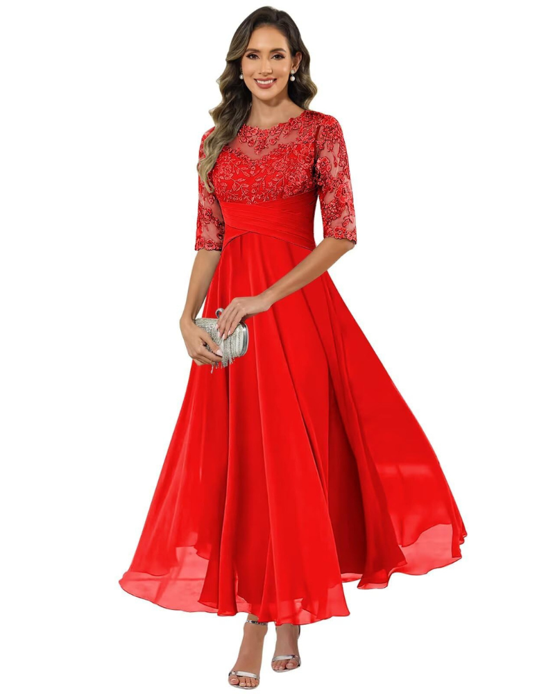 Robe longue trapèze en dentelle pour femme avec manches 3/4