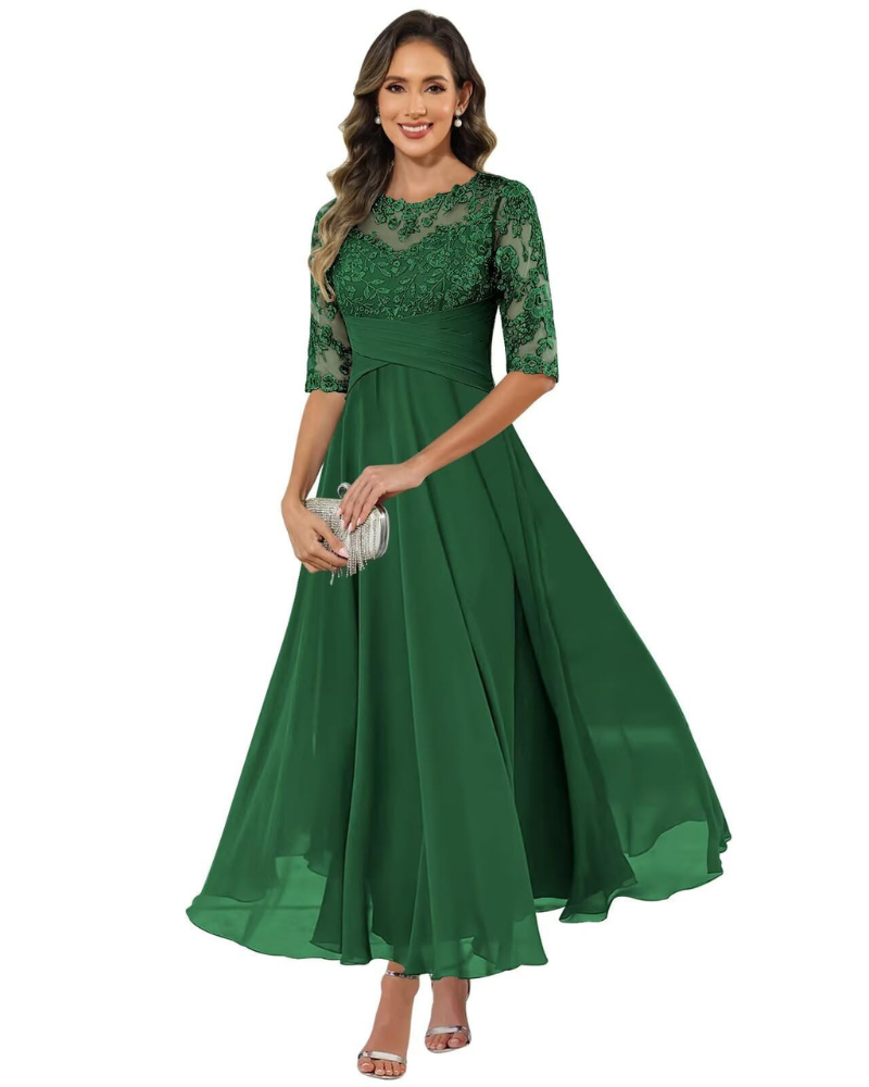 Robe longue trapèze en dentelle pour femme avec manches 3/4