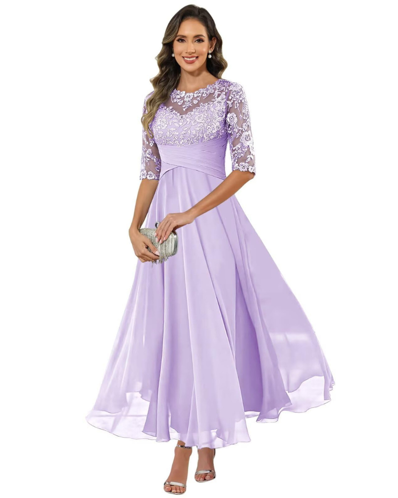 Robe longue trapèze en dentelle pour femme avec manches 3/4