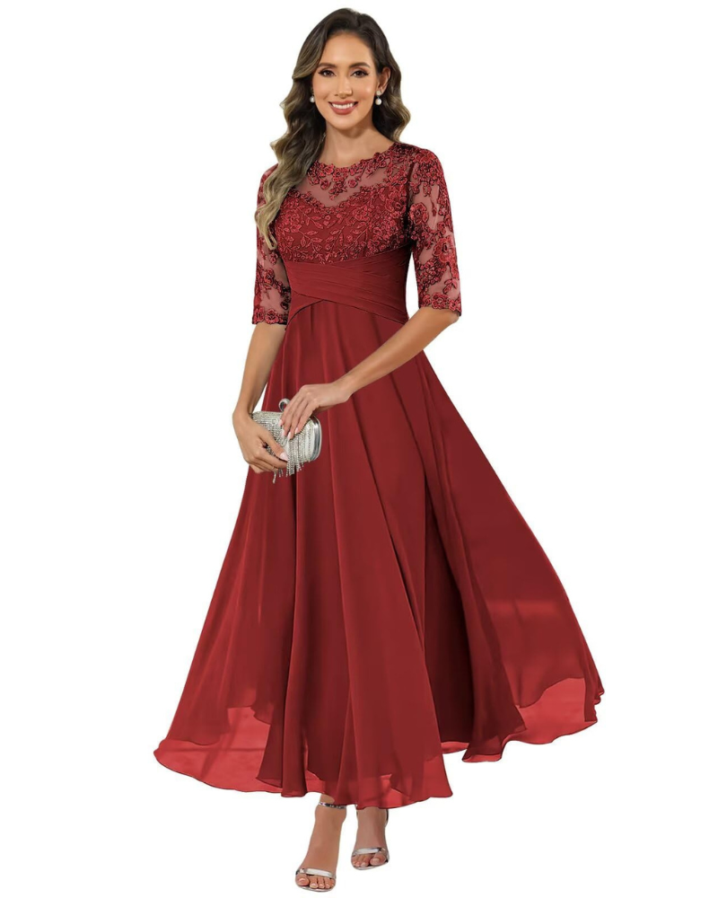 Robe longue trapèze en dentelle pour femme avec manches 3/4