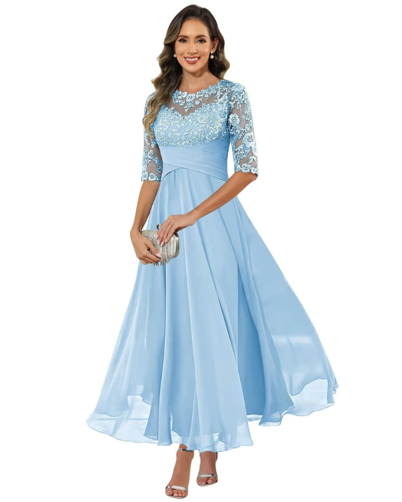 Robe longue trapèze en dentelle pour femme avec manches 3/4