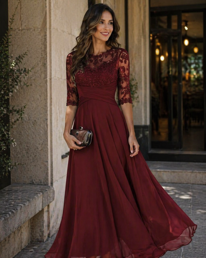 Robe longue trapèze en dentelle pour femme avec manches 3/4
