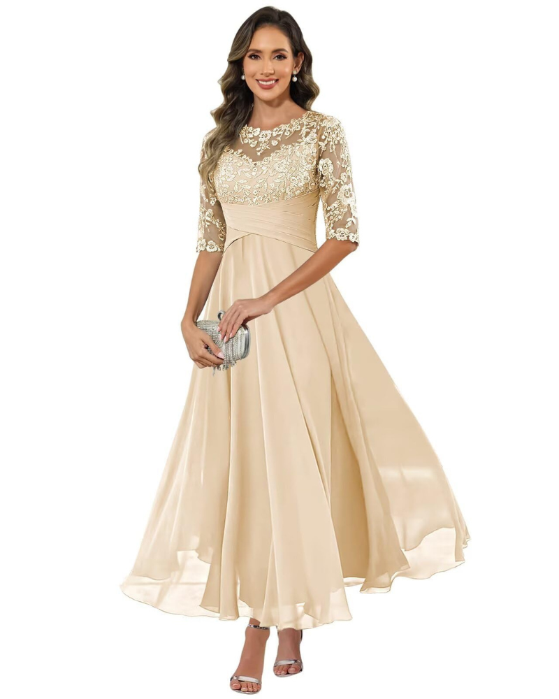 Robe longue trapèze en dentelle pour femme avec manches 3/4