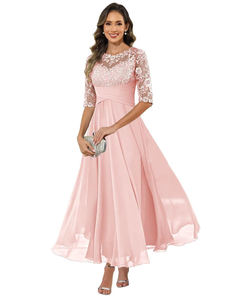 Robe longue trapèze en dentelle pour femme avec manches 3/4