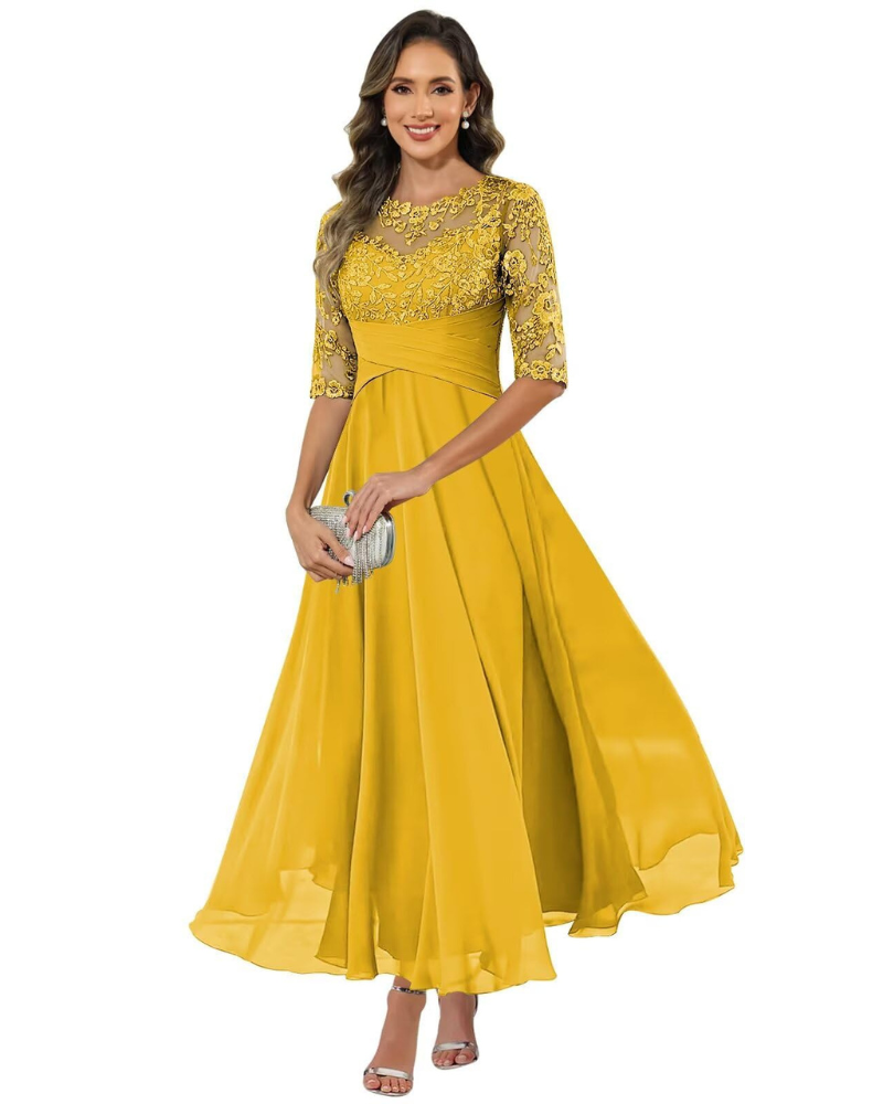 Robe longue trapèze en dentelle pour femme avec manches 3/4