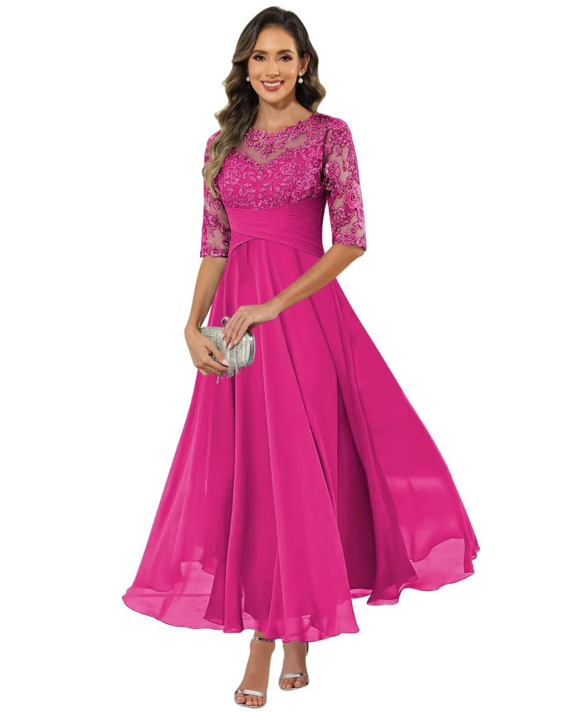 Robe longue trapèze en dentelle pour femme avec manches 3/4