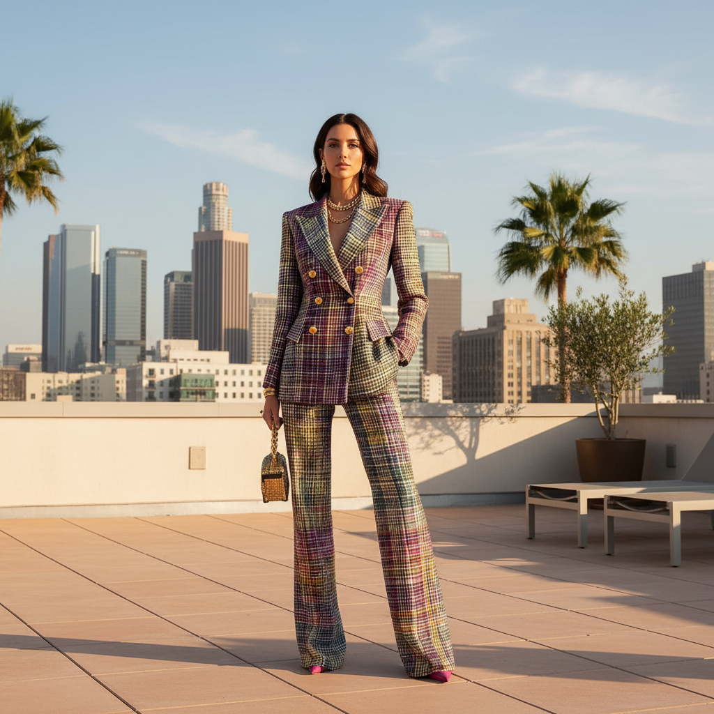 Women's Multicolor Plaid Blazer & Wide Leg Pants Set