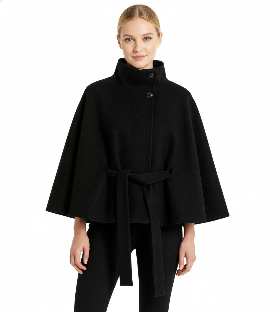 Women's Belted Cape Coat with Elegant Collar