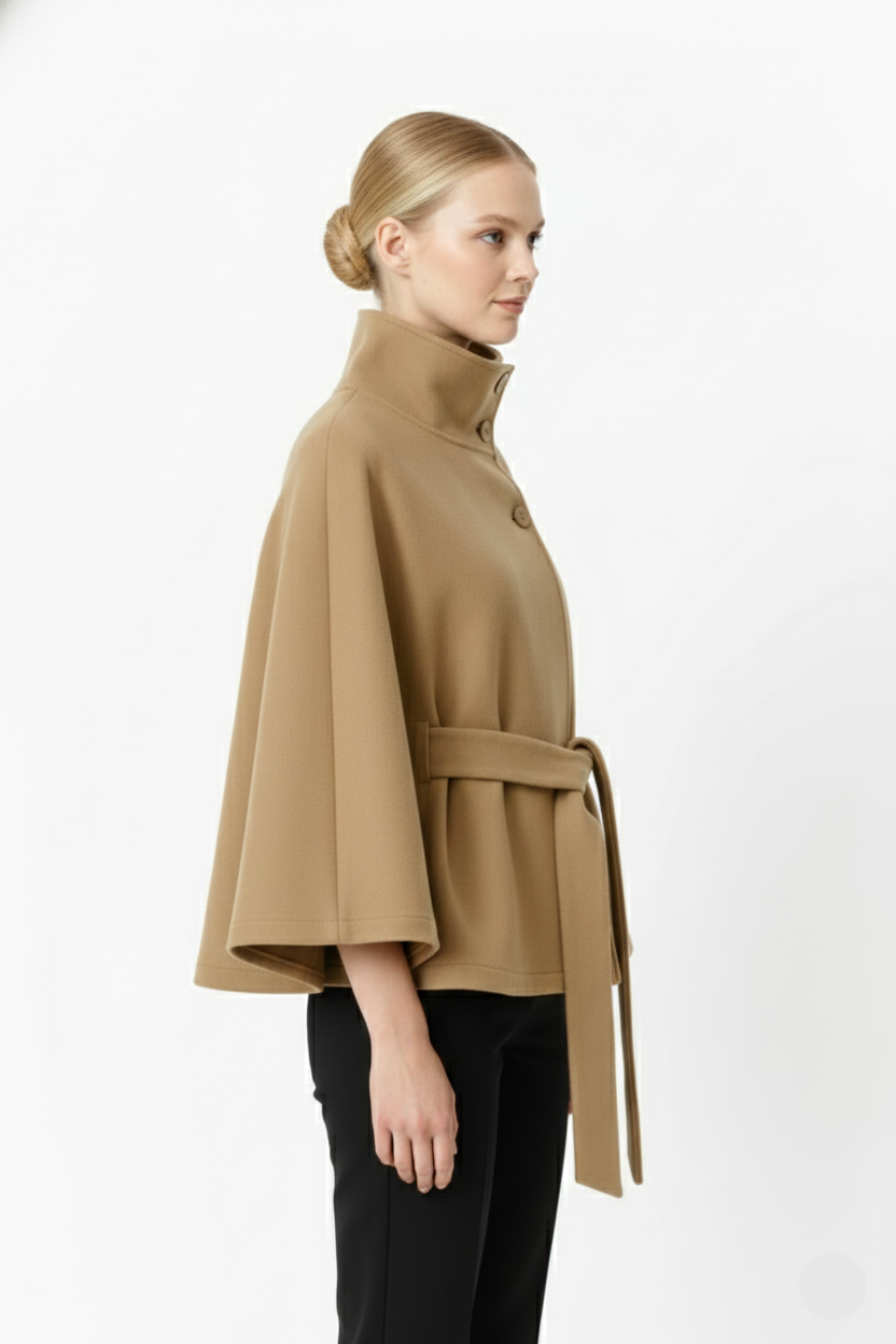 Women's Belted Cape Coat with Elegant Collar