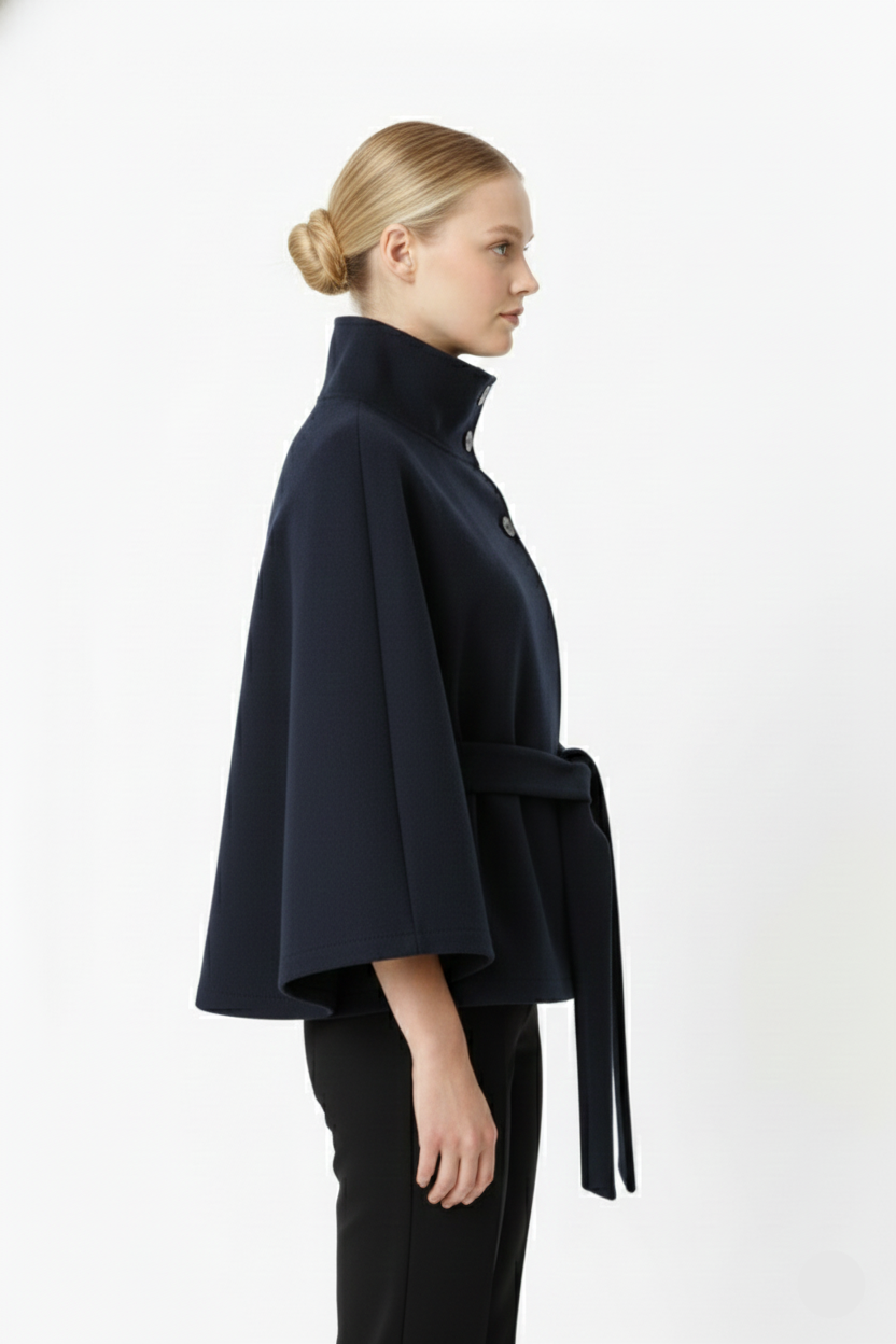 Women's Belted Cape Coat with Elegant Collar