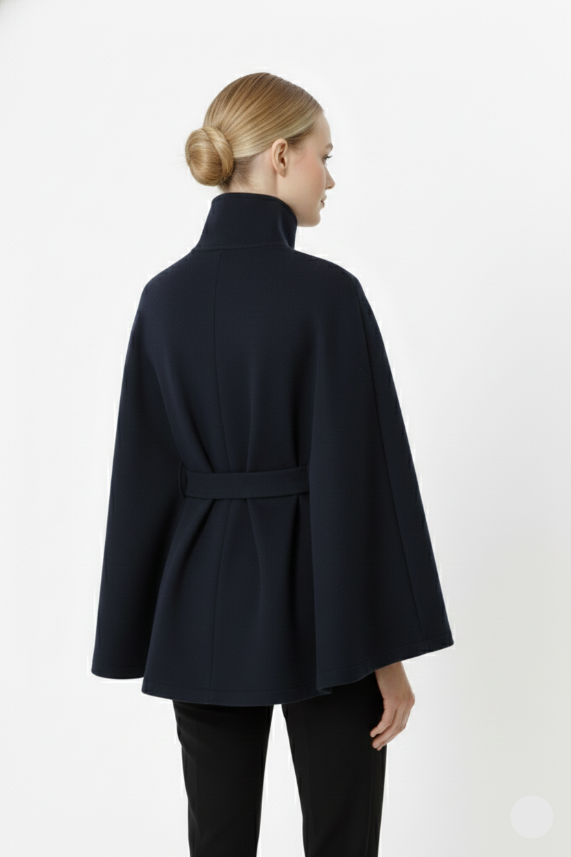 Women's Belted Cape Coat with Elegant Collar