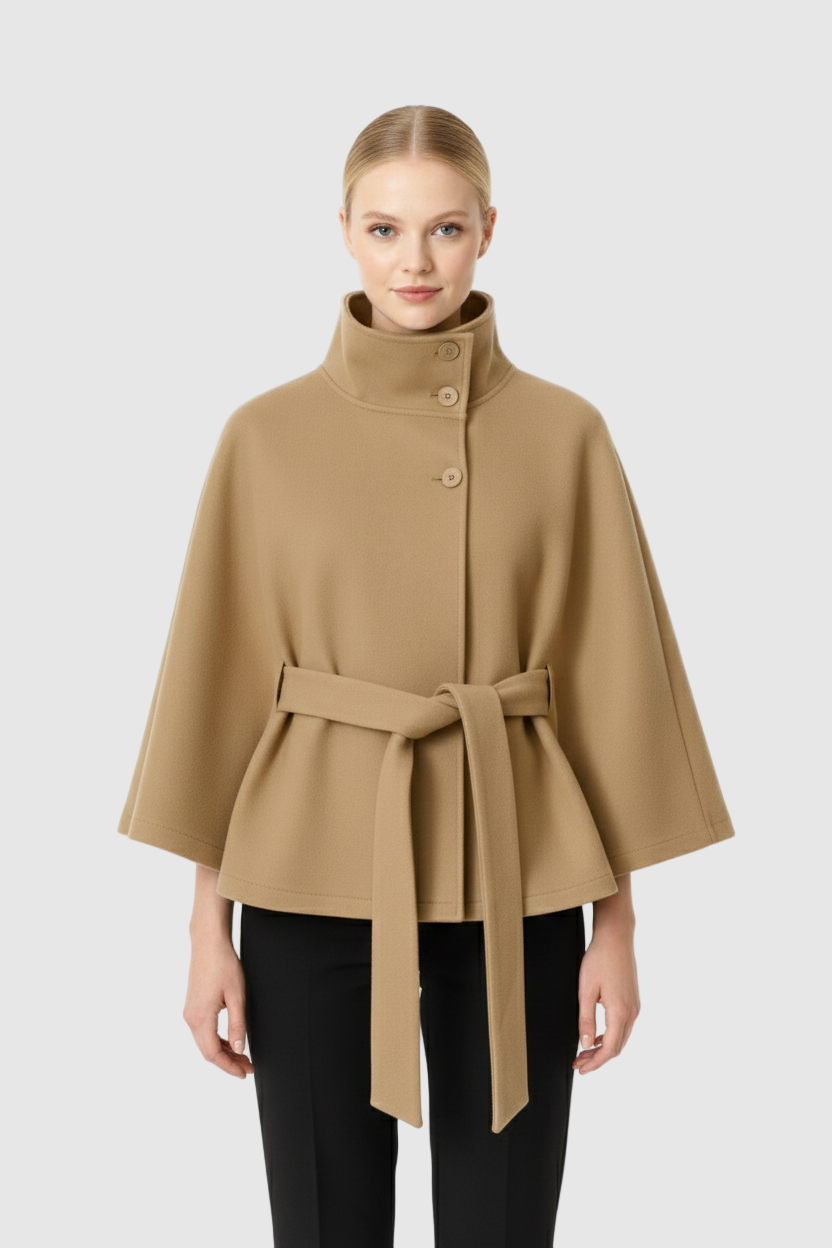 Women's Belted Cape Coat with Elegant Collar