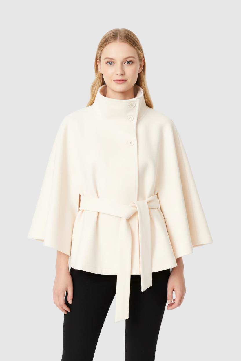 Women's Belted Cape Coat with Elegant Collar
