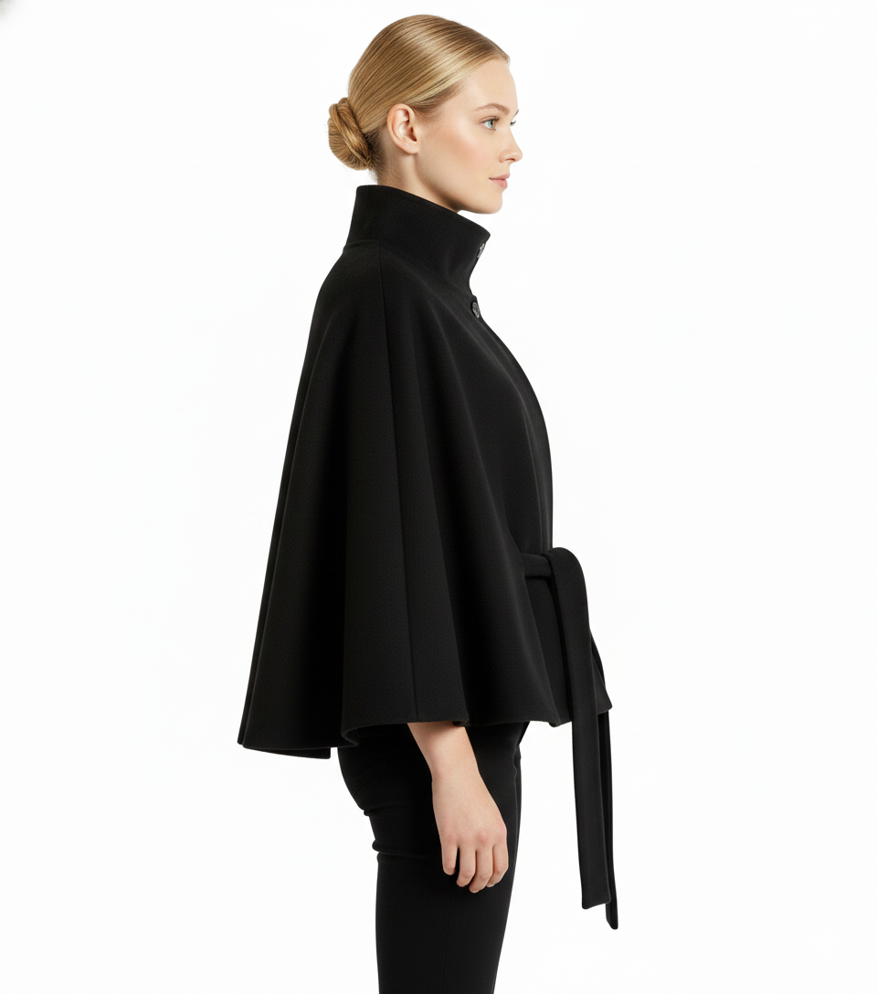 Women's Belted Cape Coat with Elegant Collar
