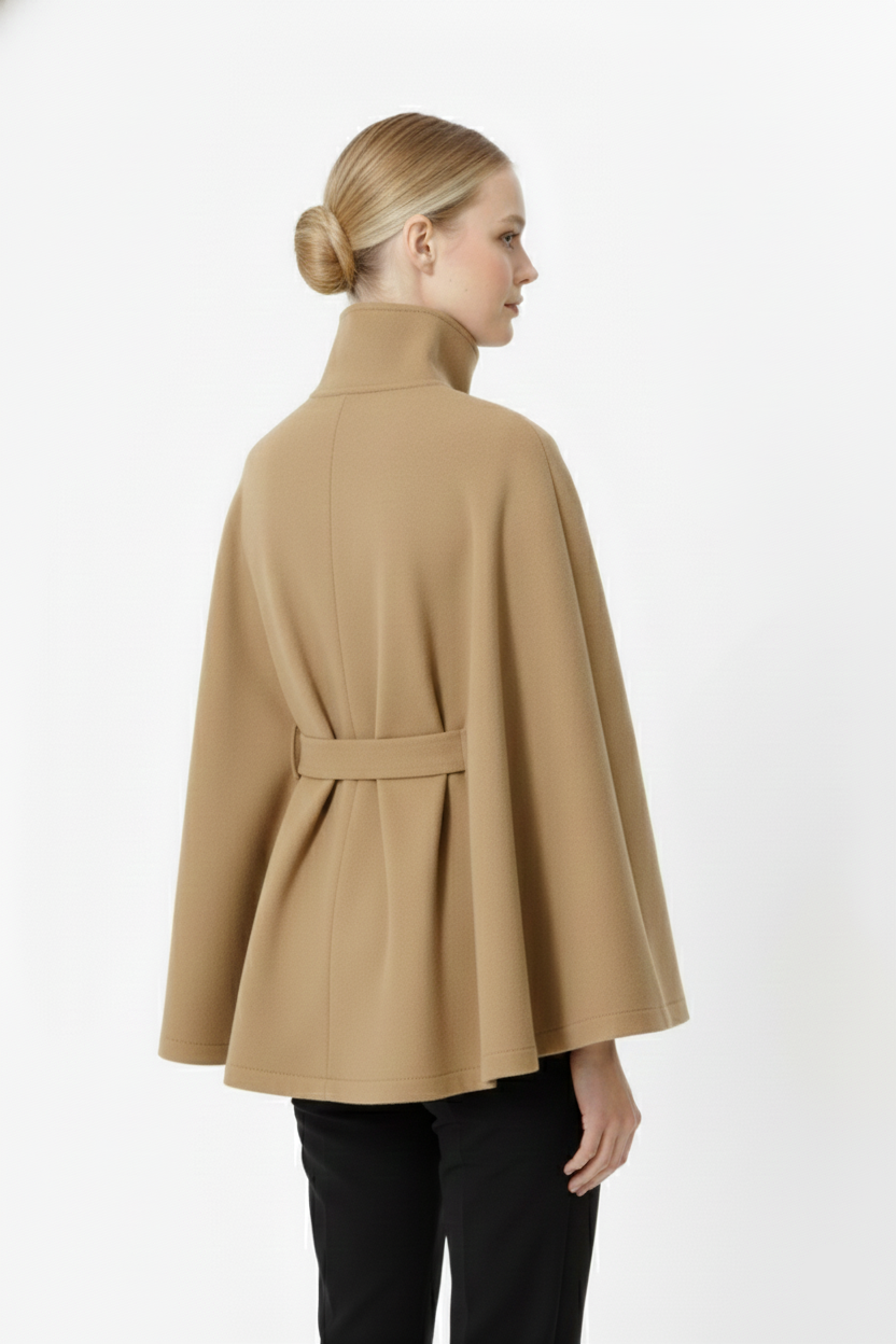 Women's Belted Cape Coat with Elegant Collar
