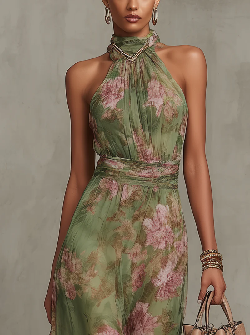 Women’s Floral Halter Flowing Maxi Dress