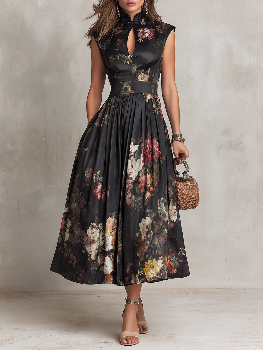 Robe midi fleurie pour femme avec col montant et jupe évasée