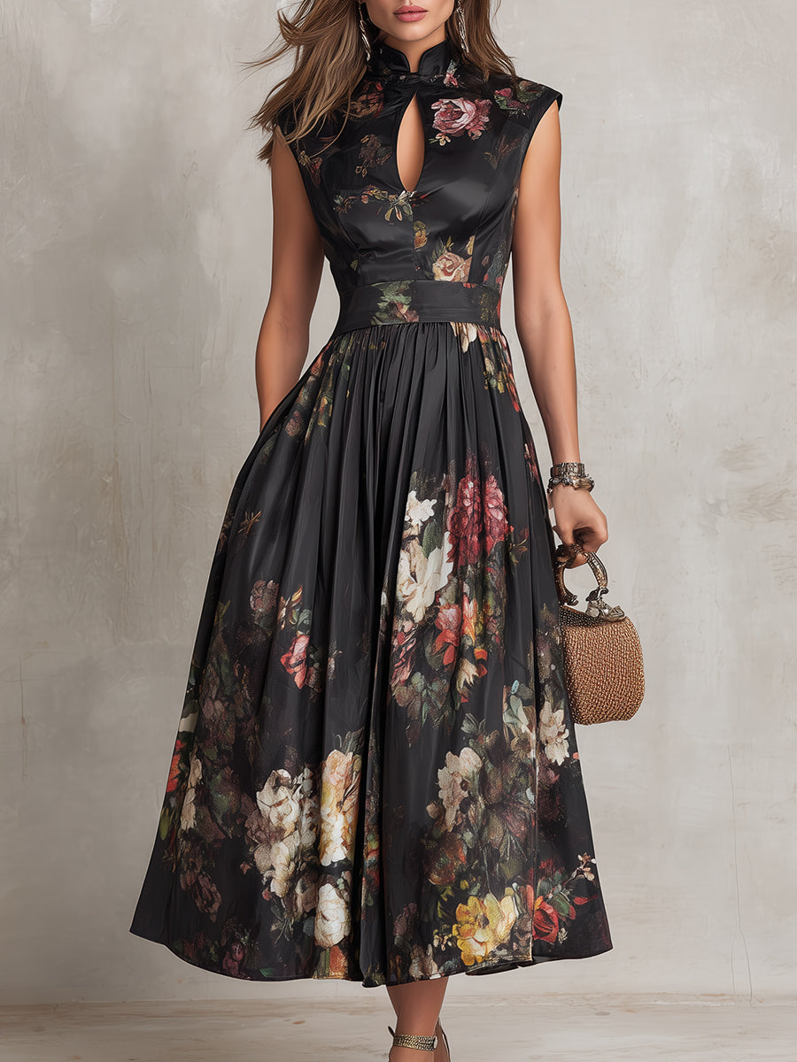Robe midi fleurie pour femme avec col montant et jupe évasée