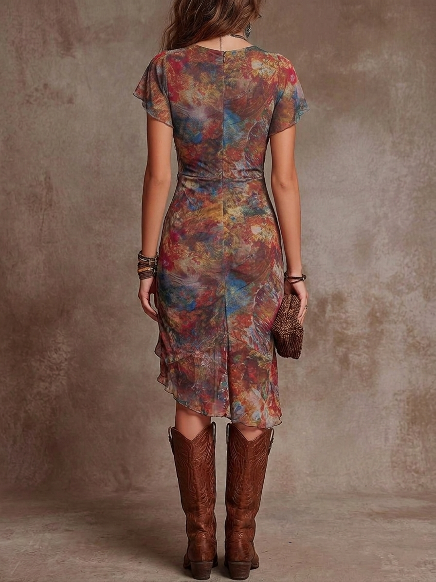 Robe midi pour femme imprimée avec fronces et fente haute