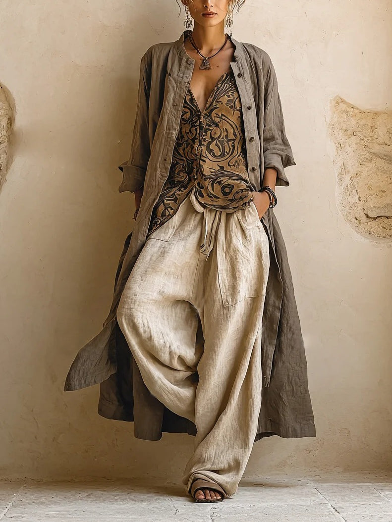 Set da donna in stile boho, 3 pezzi: top stampato, cardigan e pantaloni