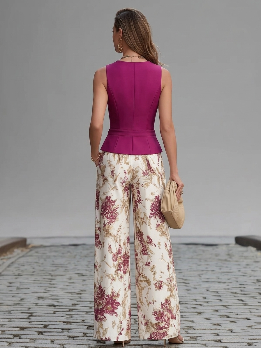 Combinaison large à fleurs pour femme avec haut gilet ajusté