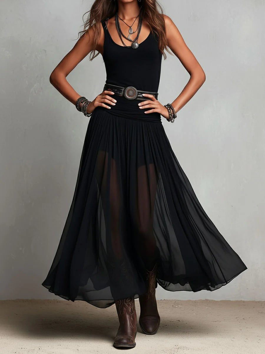 Robe maxi noire sans manches pour femme avec jupe en tulle