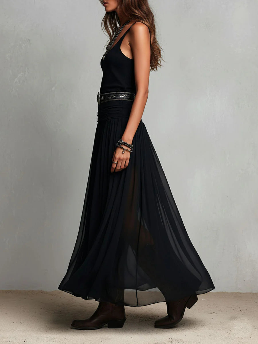 Robe maxi noire sans manches pour femme avec jupe en tulle