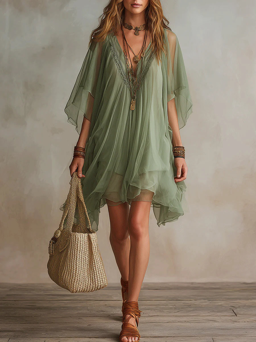 Robe mini superposée en mousseline à col en V pour femme