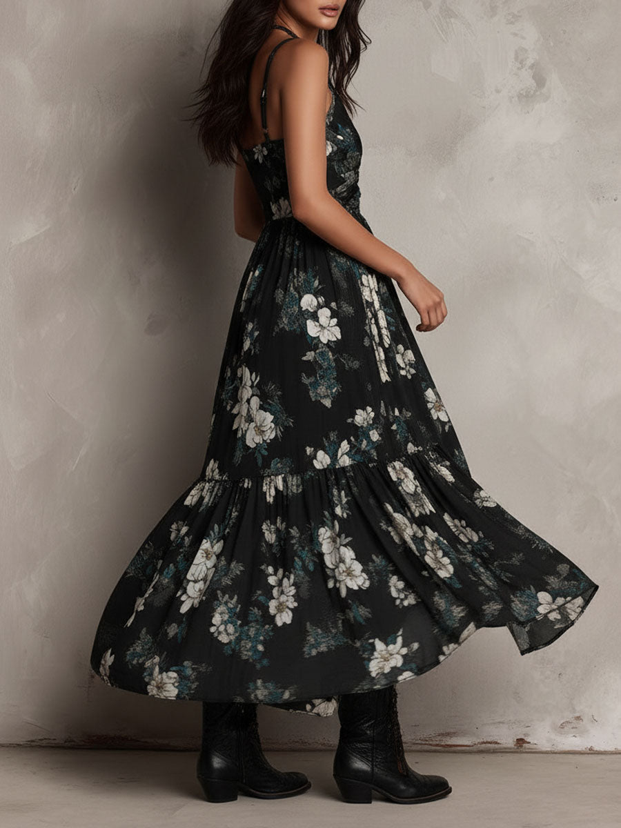 Robe maxi bohème fleurie pour femme, coupe asymétrique
