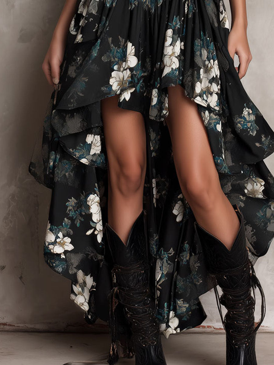Robe maxi bohème fleurie pour femme, coupe asymétrique