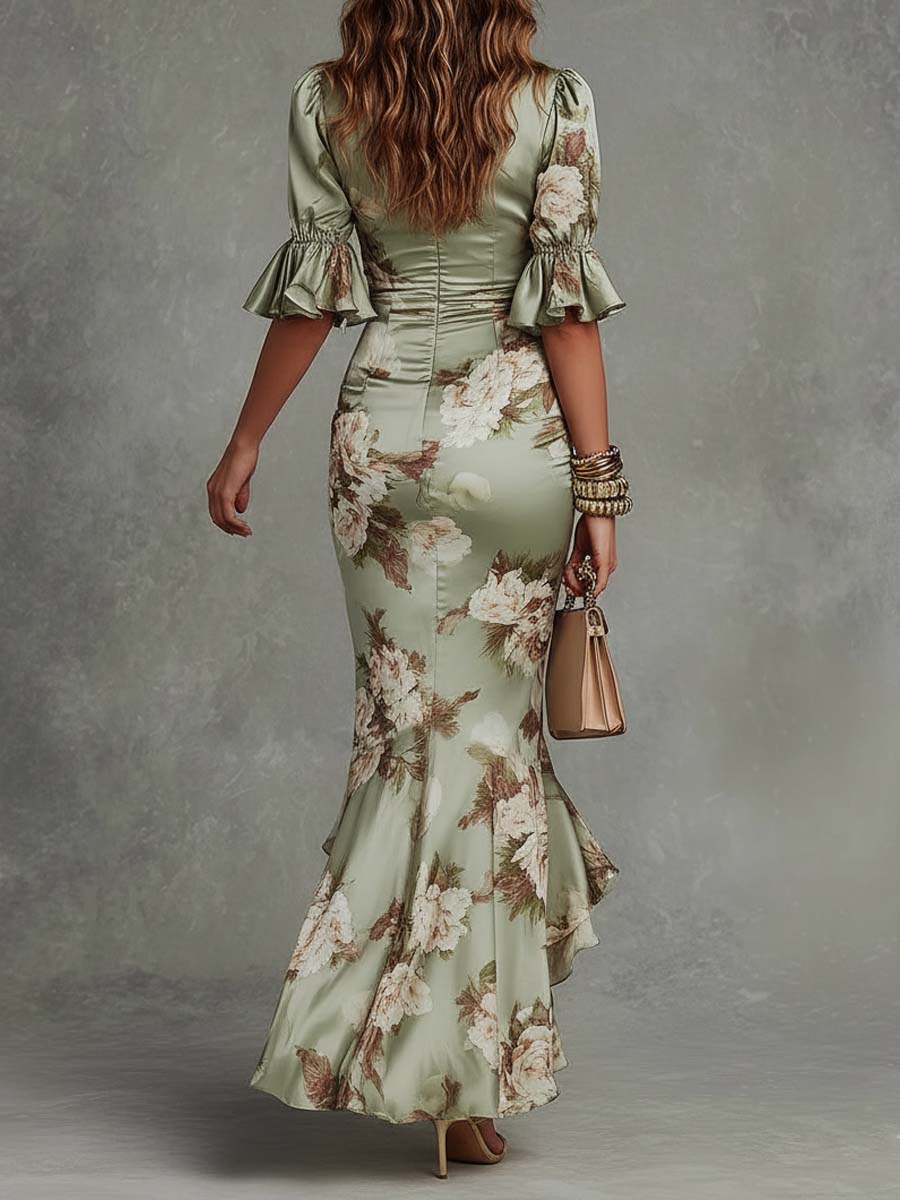 Robe maxi fleurie pour femme avec fronces et manches à volants