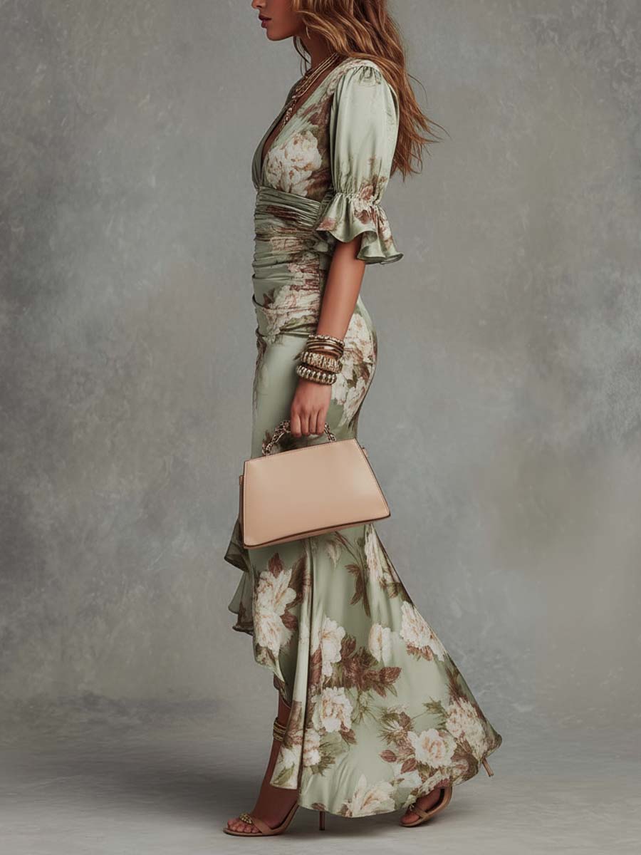 Robe maxi fleurie pour femme avec fronces et manches à volants