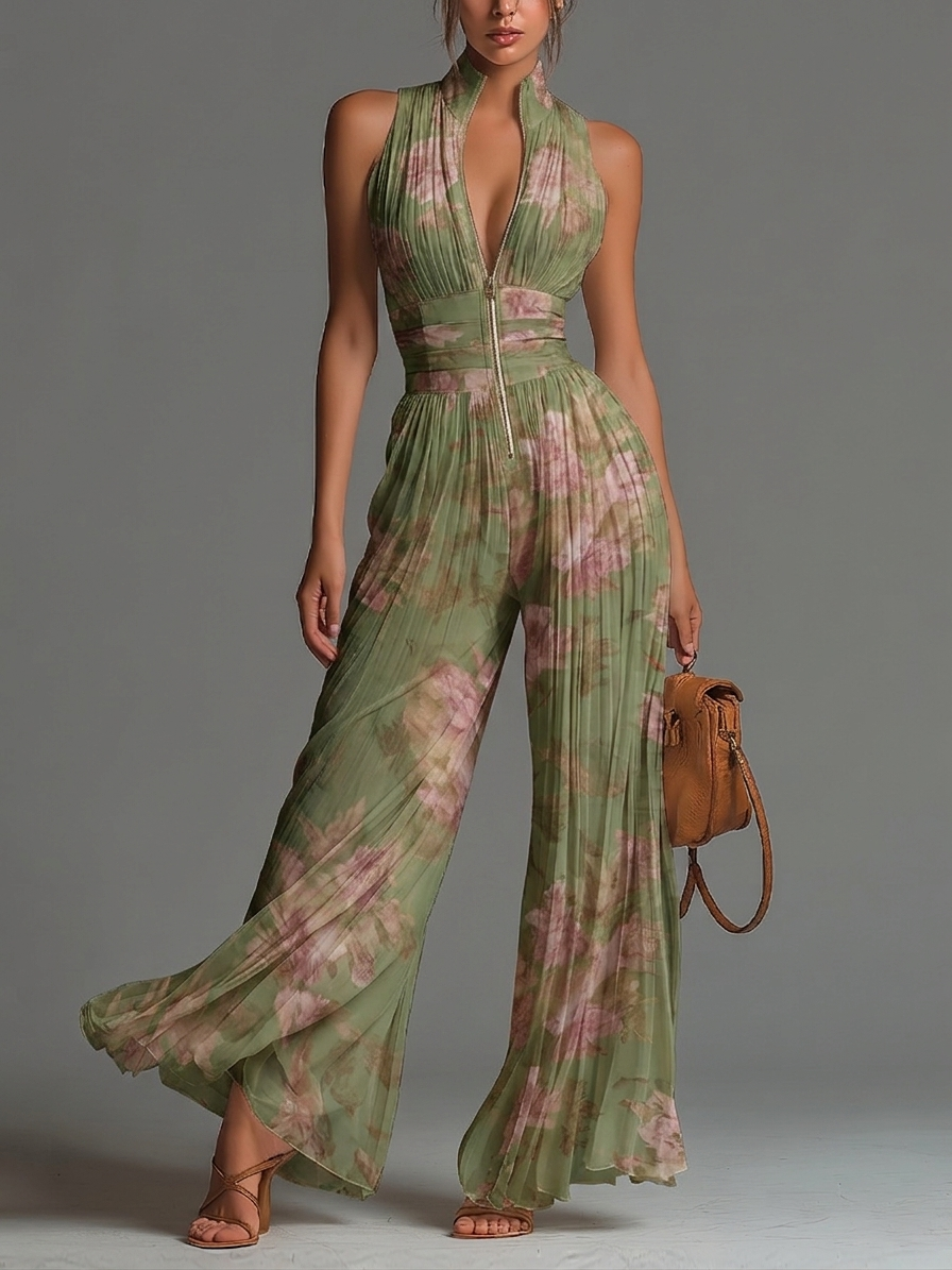 Combinaison large à jambes larges pour femme avec col licou et motif floral