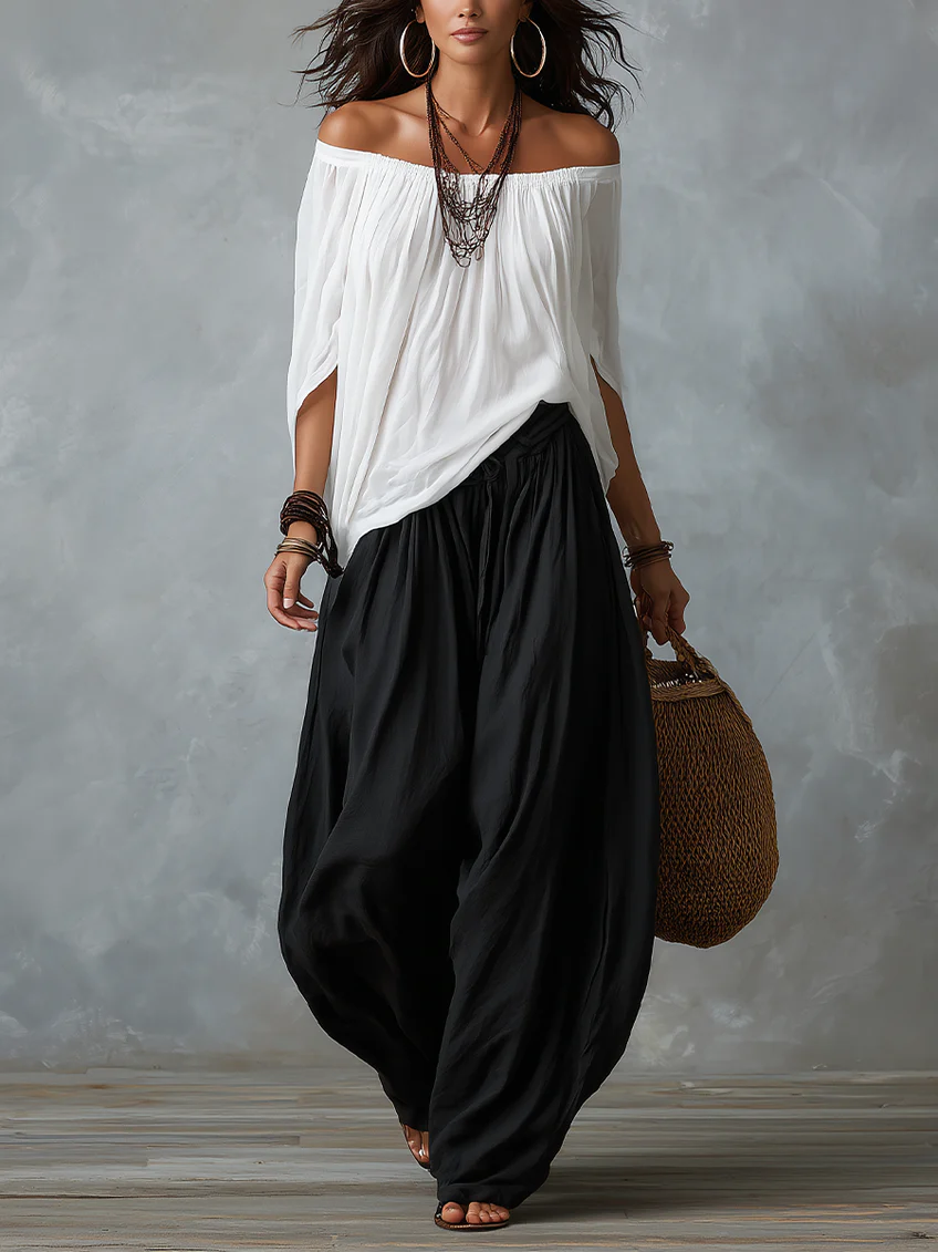 Women’s Boho Top & Harem Wide-Leg Pants Set