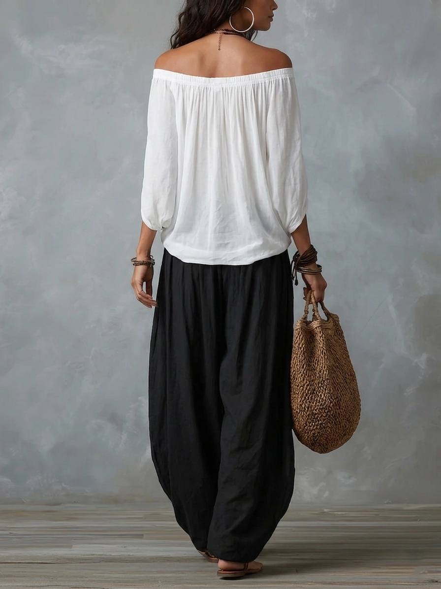 Women’s Boho Top & Harem Wide-Leg Pants Set