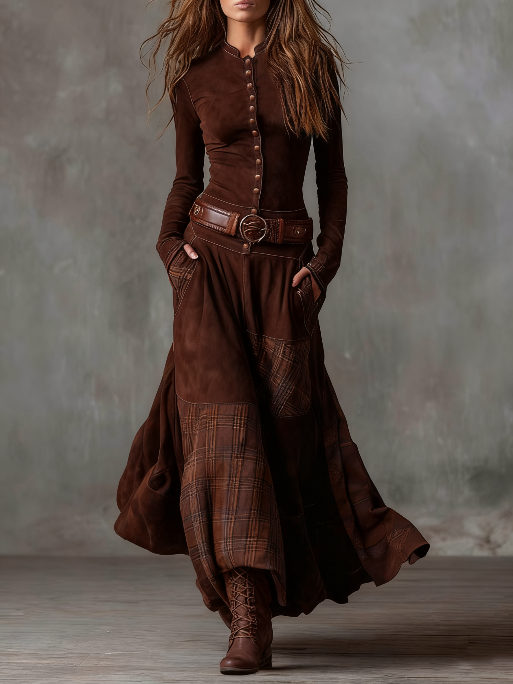 Women's Vintage Long Sleeve Maxi Dress