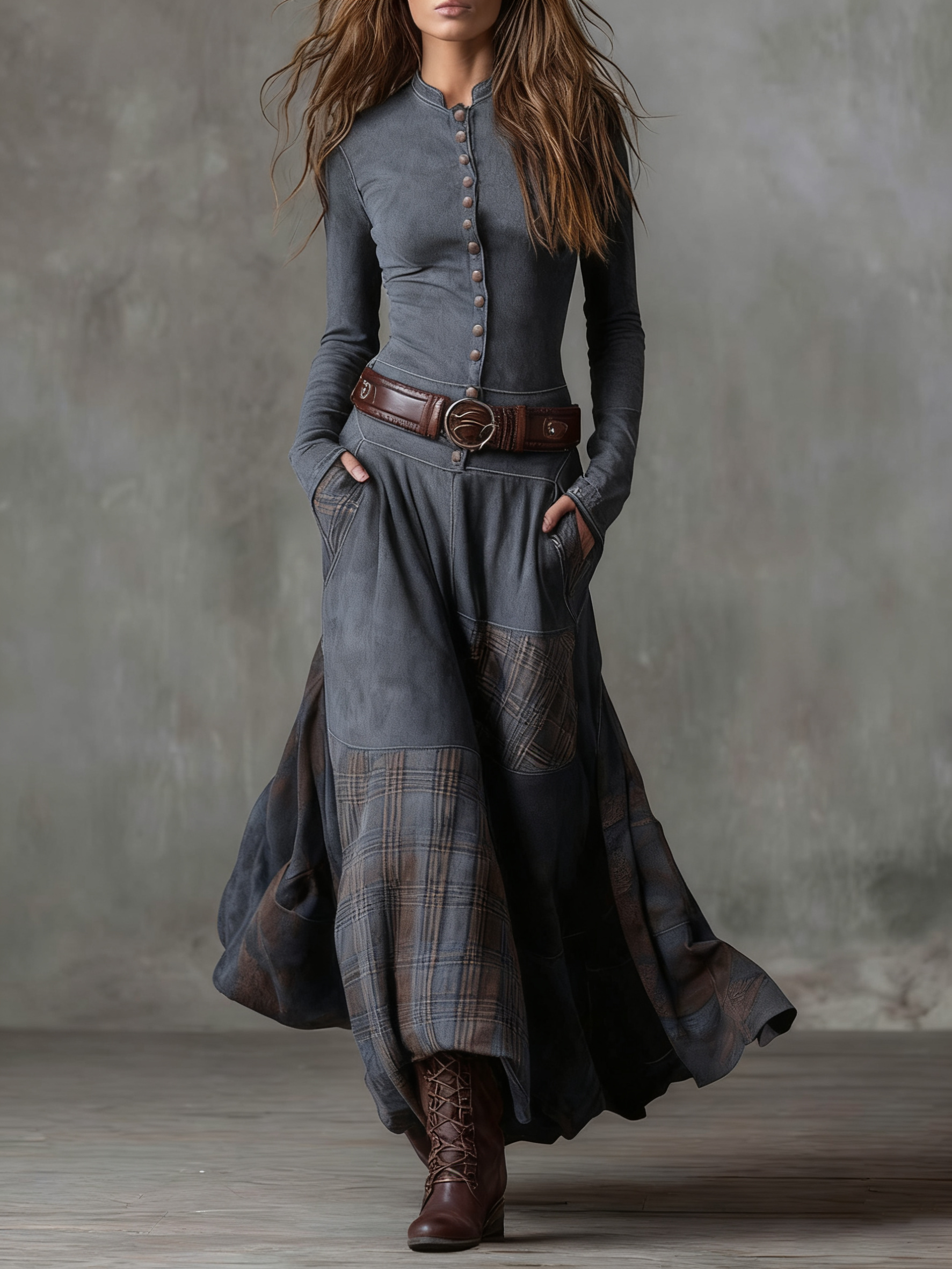 Women's Vintage Long Sleeve Maxi Dress