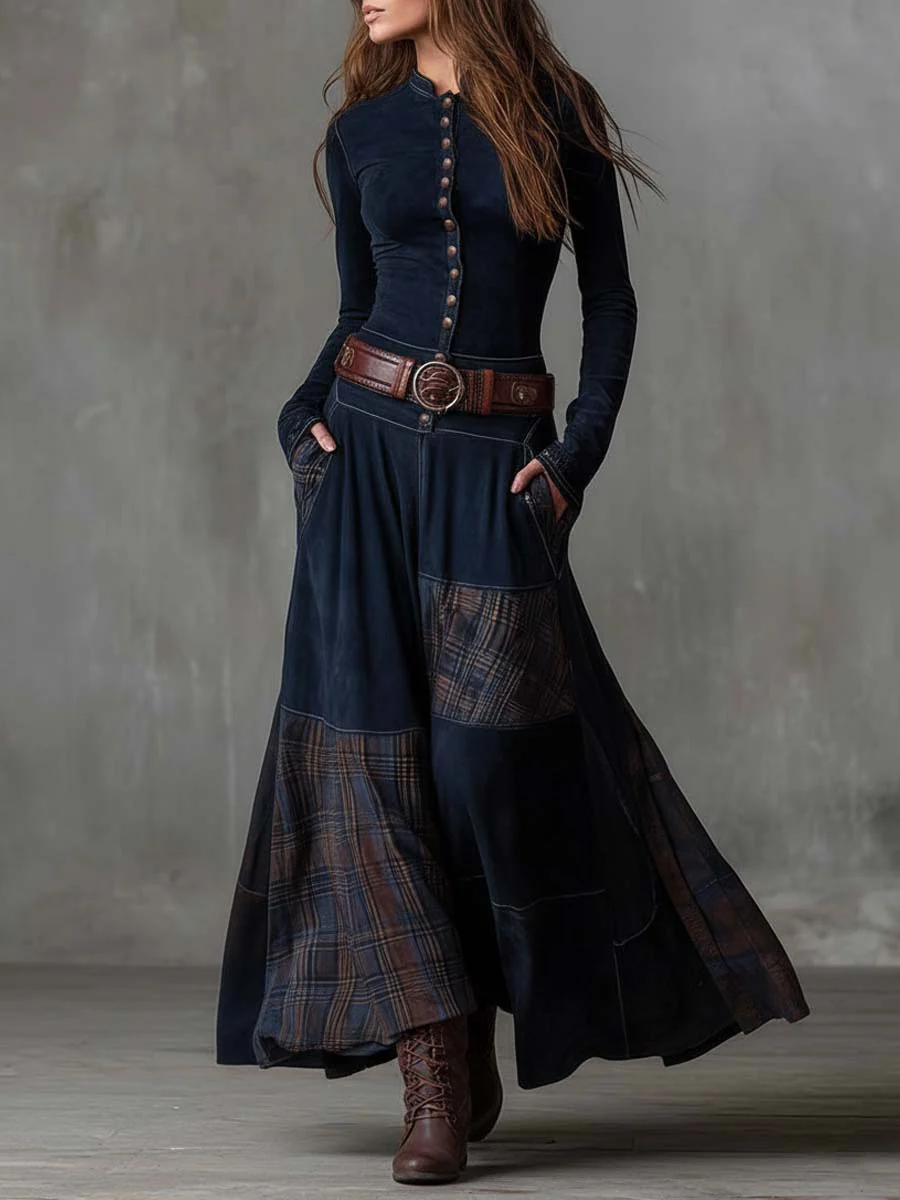 Women's Vintage Long Sleeve Maxi Dress