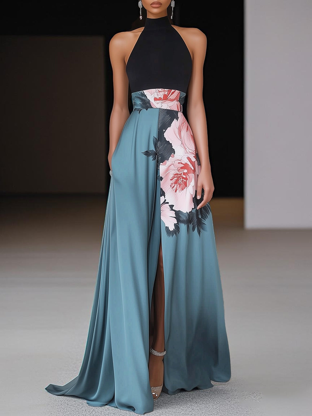 Janelle™ | Robe maxi noire fendue à fleurs, col rond classique, sans manches, coupe trapèze