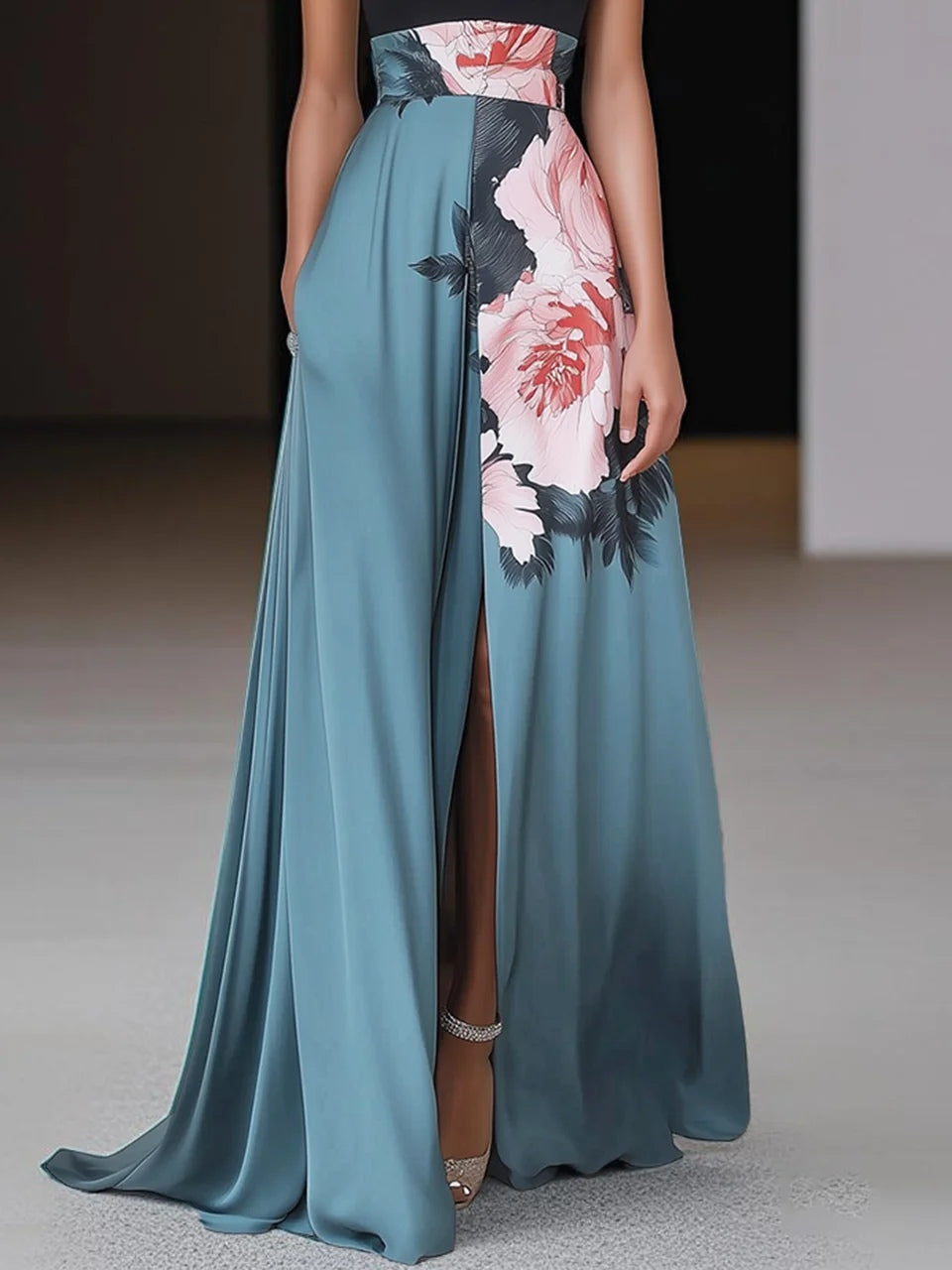 Elegant Halter Neck Maxi Dress Women Floral Print
