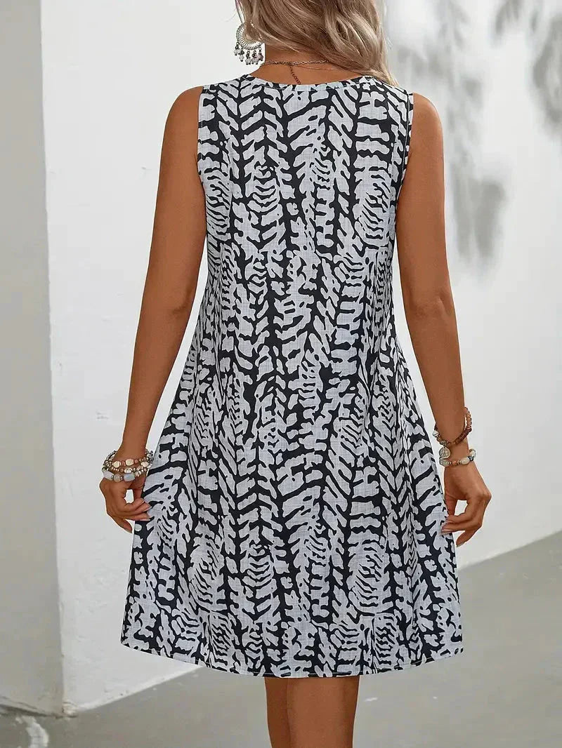 Vestido mini sin mangas para mujer con estampado de hojas y capas