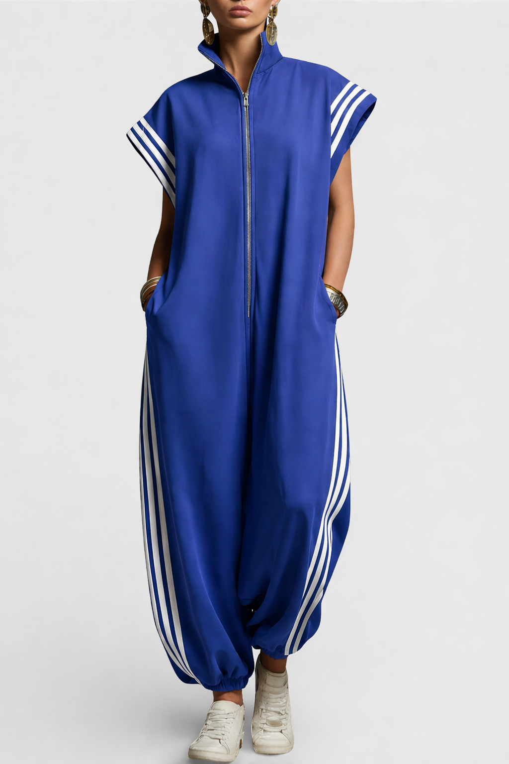 Women's Zip-Up Jumpsuit with Contrast Stripes