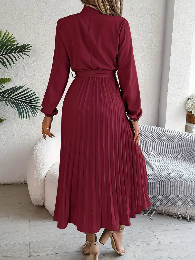 Robe midi plissée pour femme à col montant avec ceinture à nouer