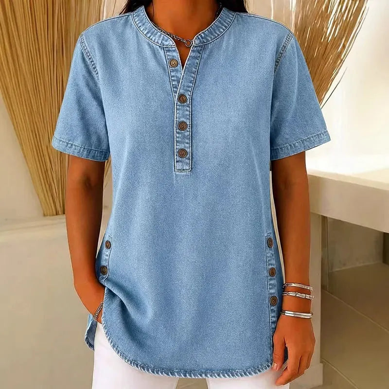 Women’s Short Sleeve Henley Tunic Top with Side Slits