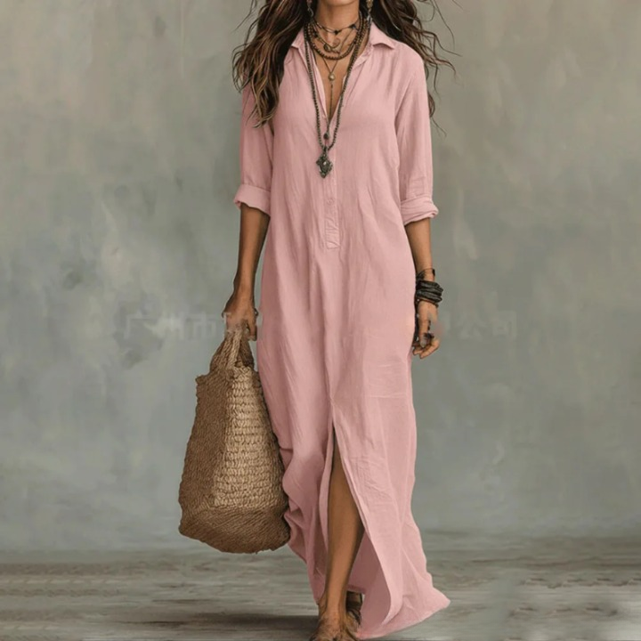 Women's Relaxed Button-Front Maxi Shirt Dress with Side Slit