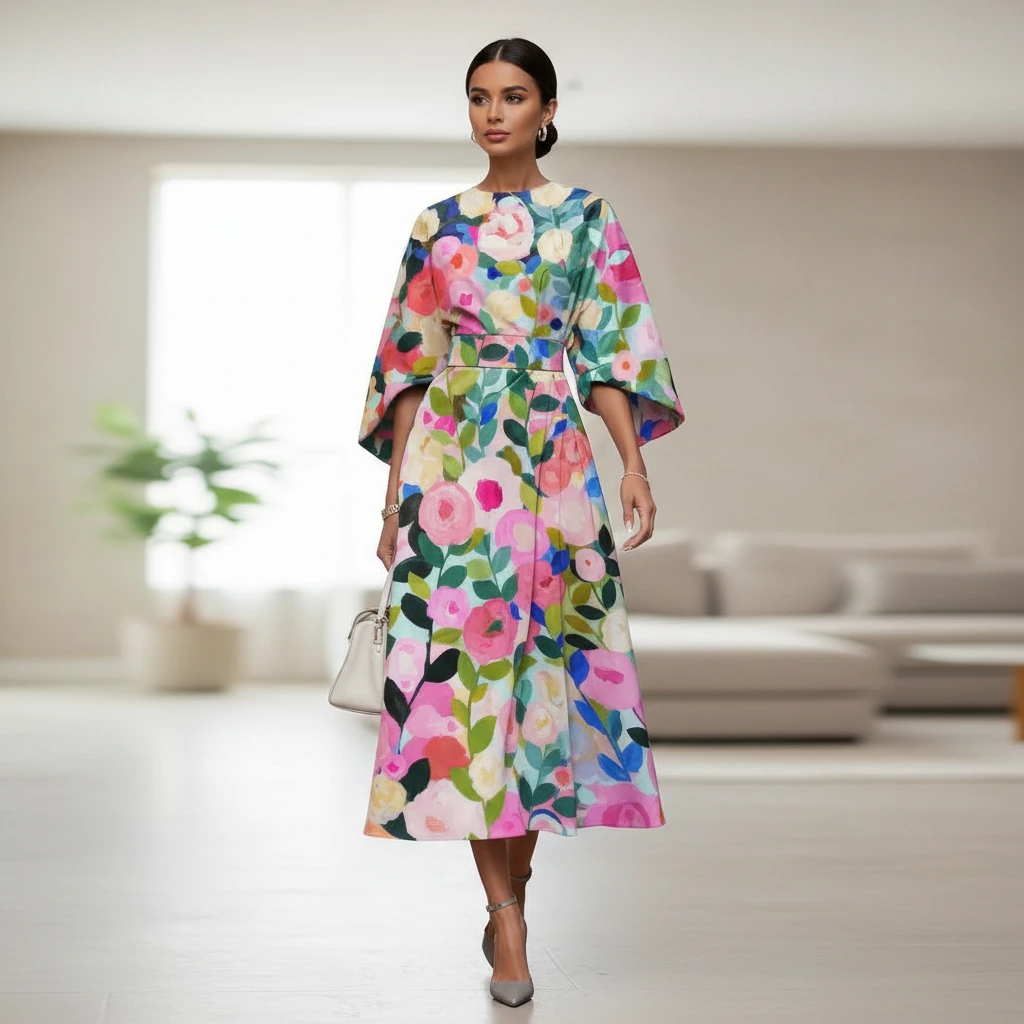 Robe midi ceinturée à fleurs pour femme